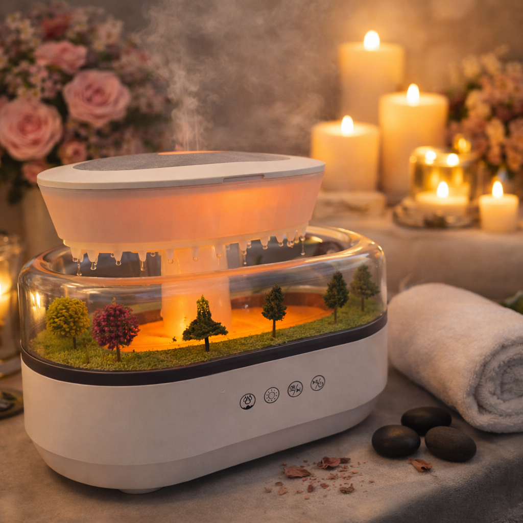 LED Rain Effect Humidifier and Sound - Essential Oil Diffuser for Bedroom