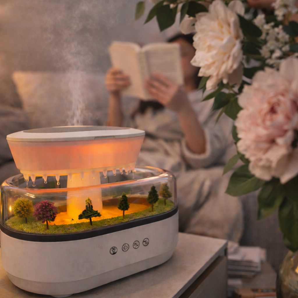 LED Rain Effect Humidifier and Sound - Essential Oil Diffuser for Bedroom