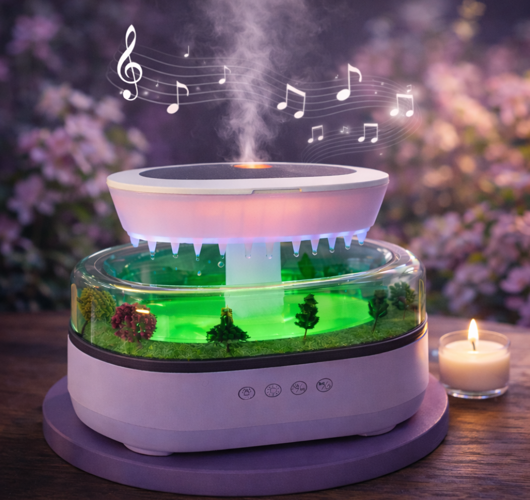 LED Rain Effect Humidifier and Sound - Essential Oil Diffuser for Bedroom